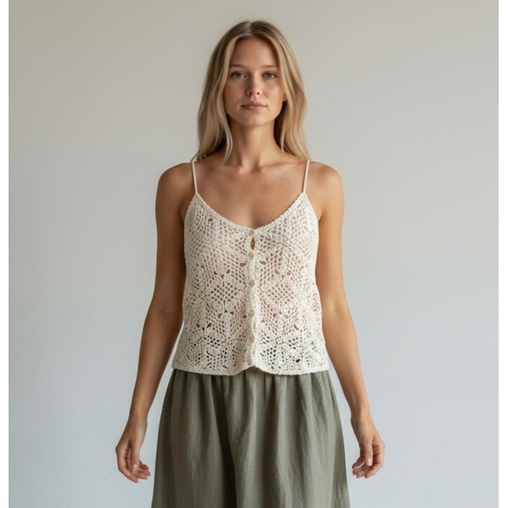 American Eagle Crochet Knit Button Front Cami Top Cream Large Boho Summer